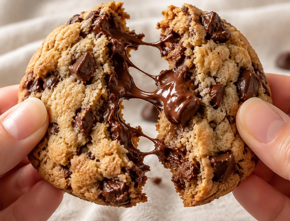 A warm almond flour chocolate chip cookie pulled apart with melted chocolate